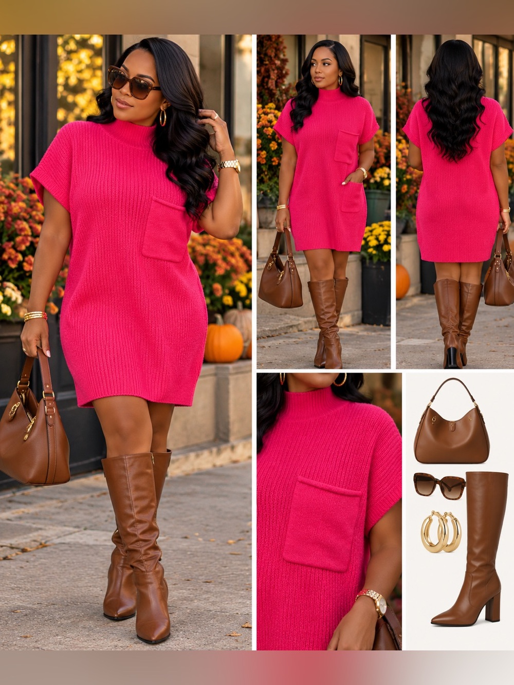 Zenana Hot Pink Ribbed Sweater Dress Mock Neck Tunic Pocket NWOT